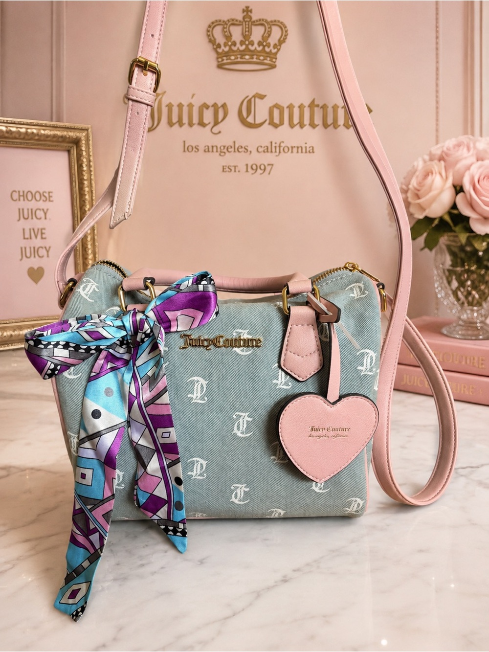 Juicy Couture Light Blue Denim Crossbody with Pink Trim and Purple Accent Scarf